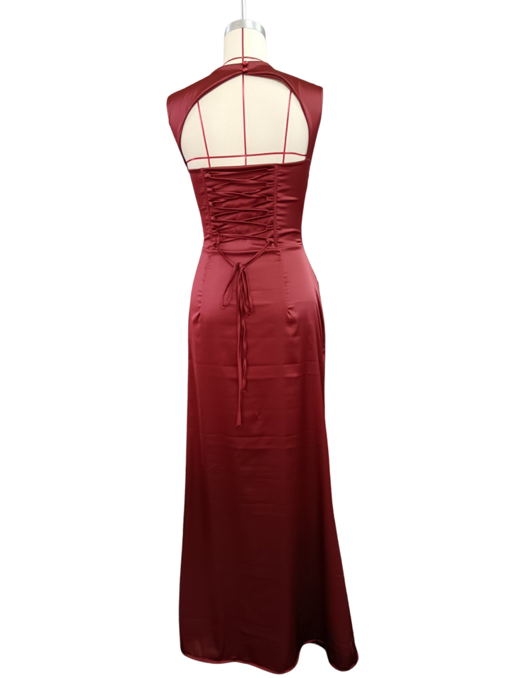Satin maxi dress with a back tie for a cinched waist and open back – YAHALI