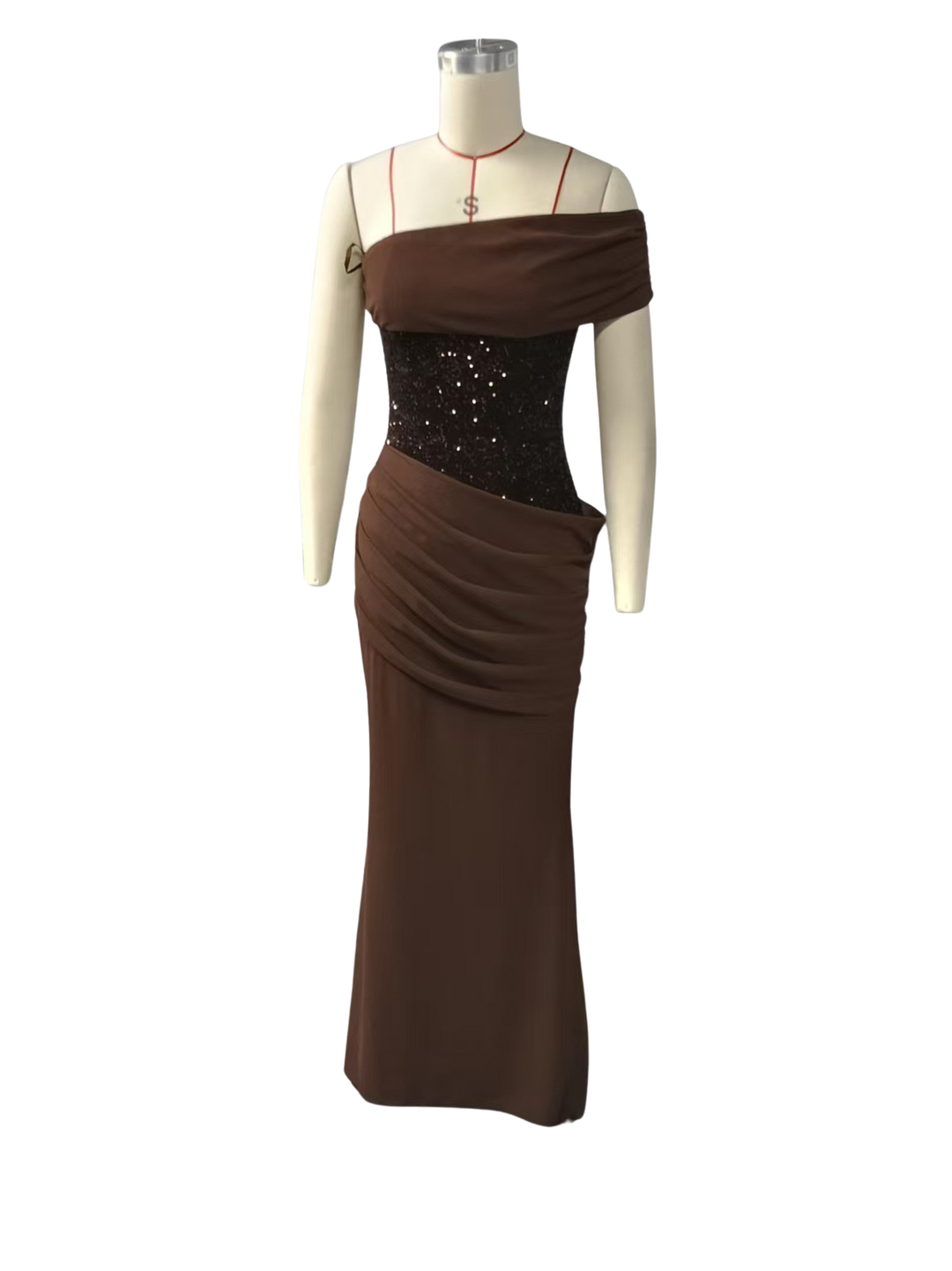 One-Shoulder Maxi Dress with Pleats, Sequins, and Back Tie for Waist Fitting - Sydney