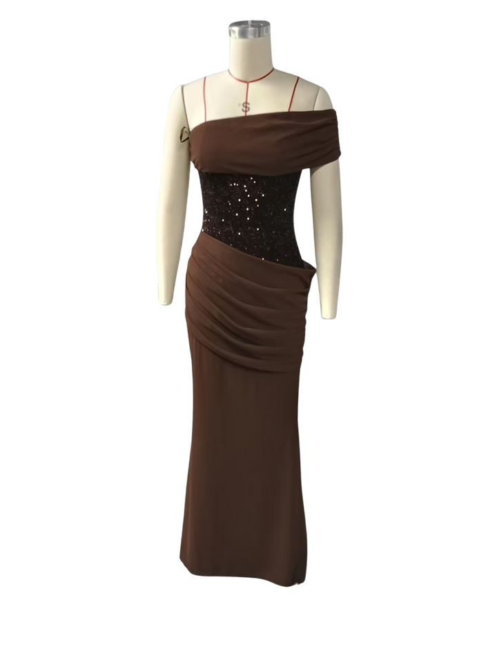 One-Shoulder Maxi Dress with Pleats, Sequins, and Back Tie for Waist Fitting - Sydney