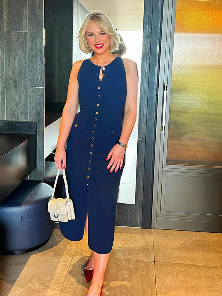 Elegant Knitted Midi Dress with Button Decoration and Small Slit - Pierre