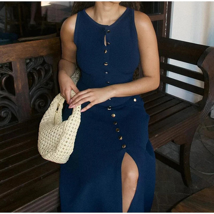 Elegant Knitted Midi Dress with Button Decoration and Small Slit - Pierre
