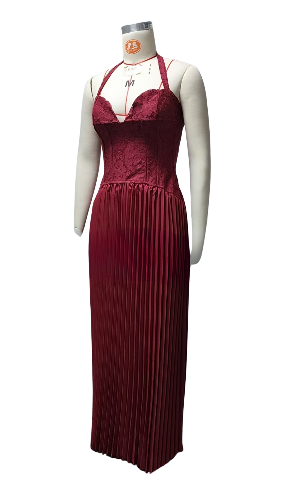 Pleated maxi dress with a lace design, back tie, and waist fastening - MELIA