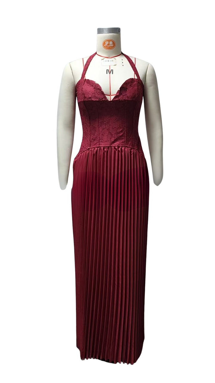 Pleated maxi dress with a lace design, back tie, and waist fastening - MELIA