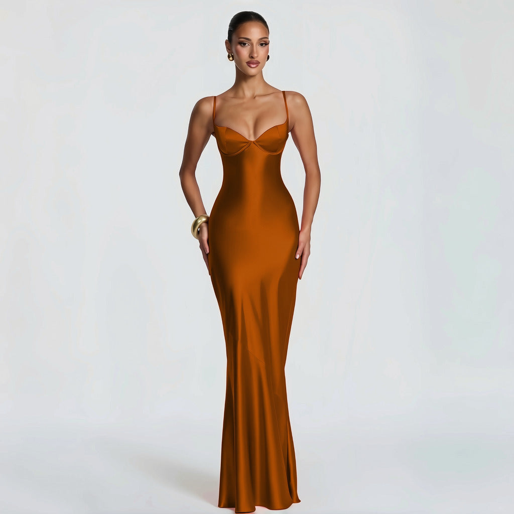 Alaia satin maxi dress with a back tie and waist-cinching design