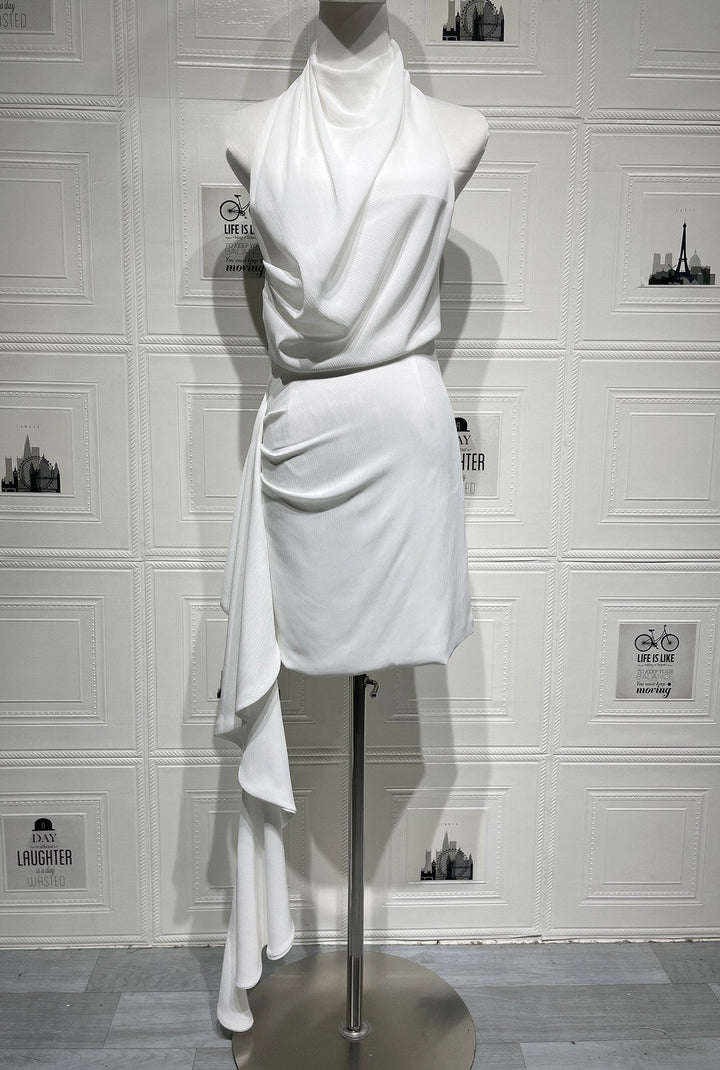Lilian satin halter mini dress with an open back and train detail