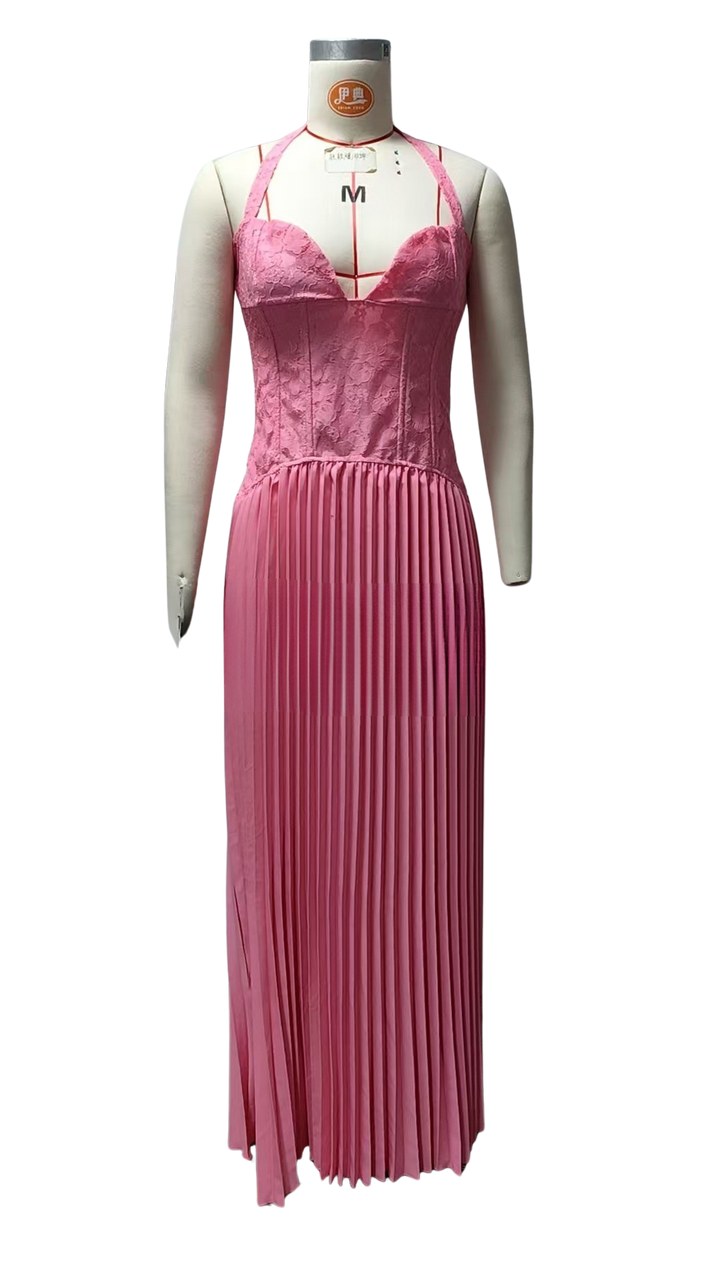 Pleated maxi dress with a lace design, back tie, and waist fastening - MELIA